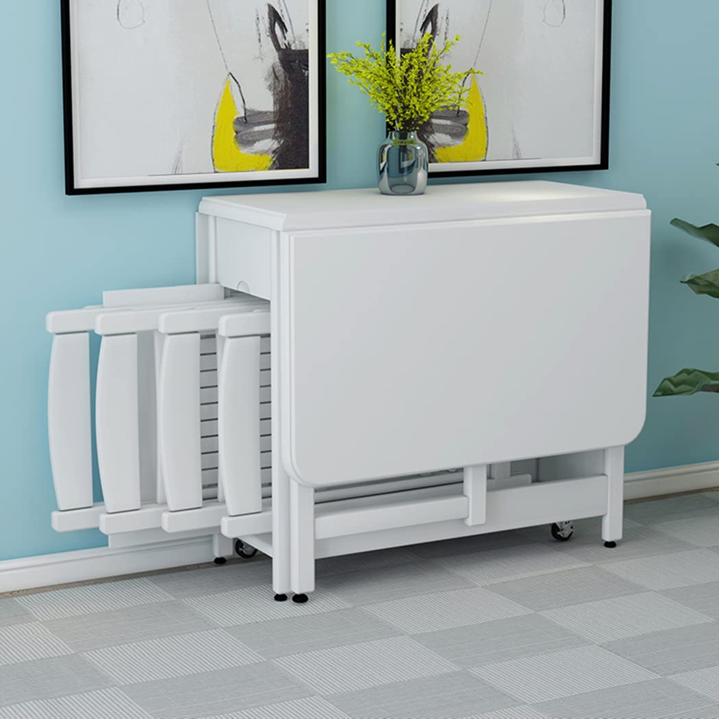 Tavolo e sedia in legno massello, pieghevole, 1,3 m, tavolino con sedia, spazio di archiviazione (1,3 x 0,9 m), tavolo + sedia x 4,bianco)