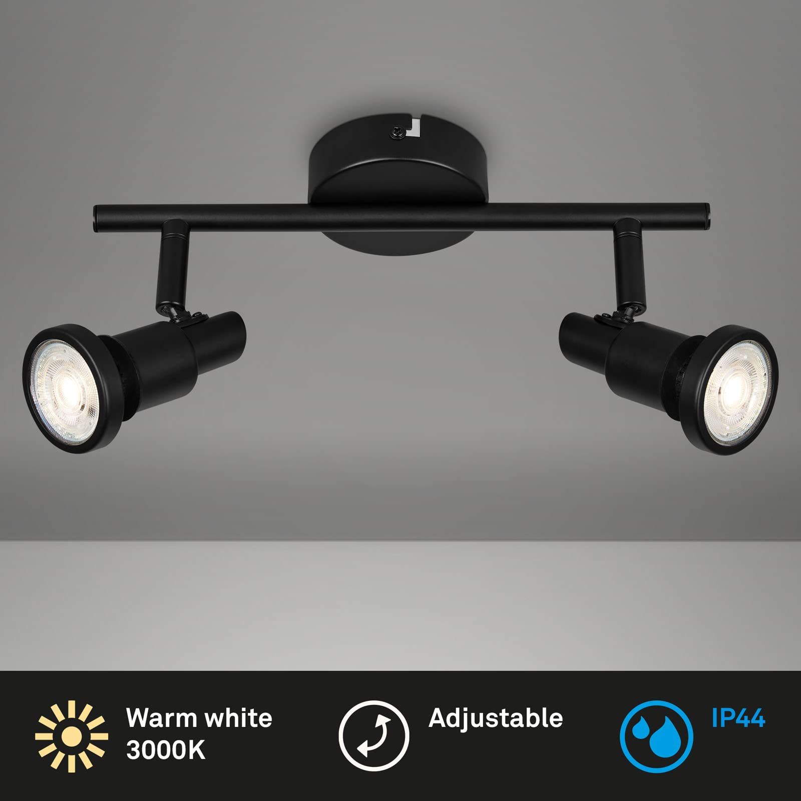 BRILONER - Plafonnier LED salle de bain, ajustable, plafonnier LED salle de bain, IP44, couleur de lumière blanc chaud, GU10, noir, 275x80x123 (LxlxH)