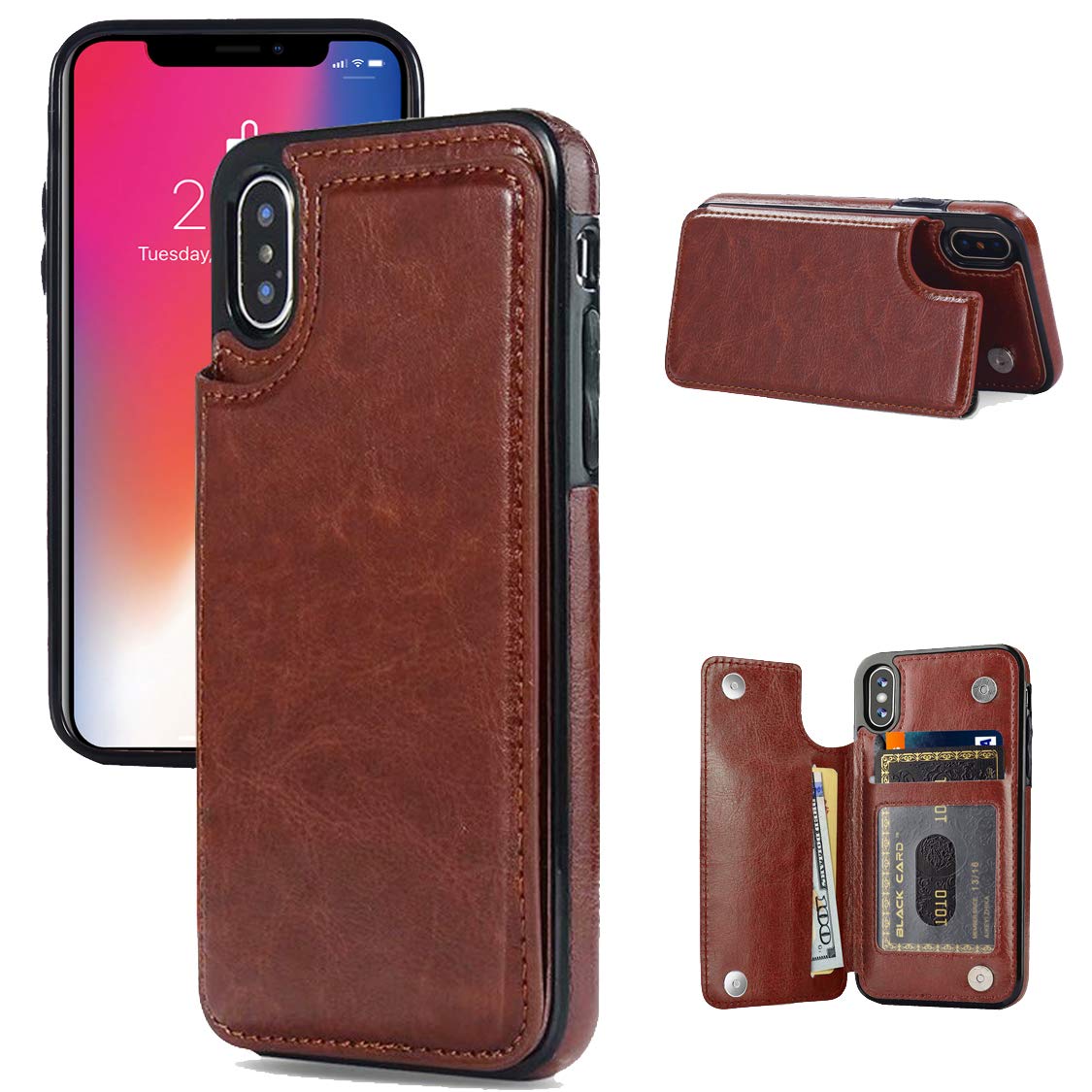 Wallet Case Compatible with iPhone X/XS,Slim Protective case with Card Holder,Premium PU Leather Card Slots Case with a Screen Protective Glass for iPhone X/XS 5.8 inch-Brown
