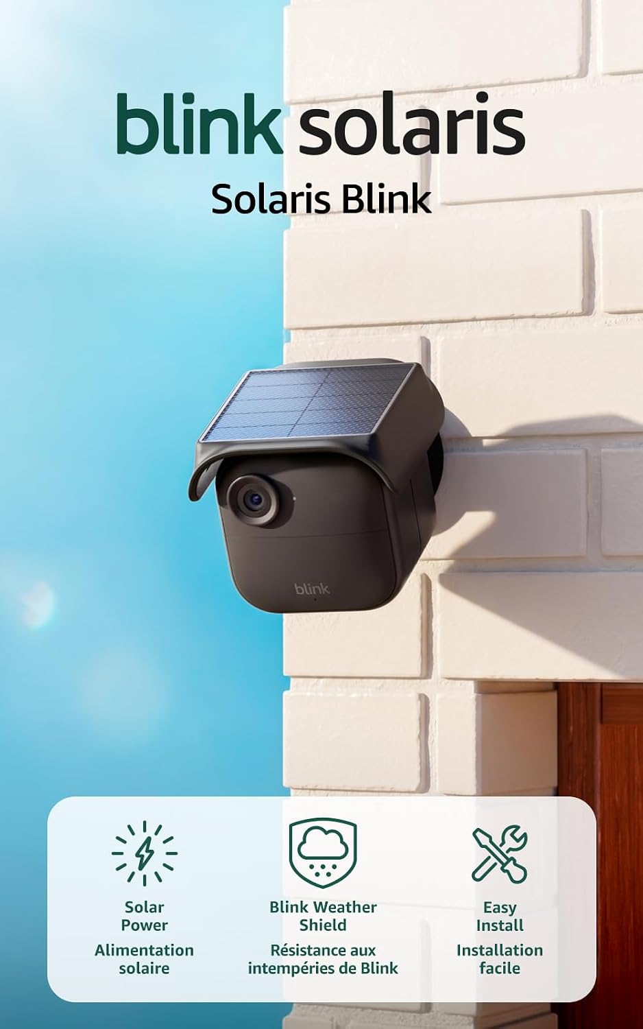 Blink Solaris Outdoor 4 — Solar-powered battery smart security camera, wireless fixed solar panel, 1080p HD video, Sync Module Included — 1 camera system (Black)