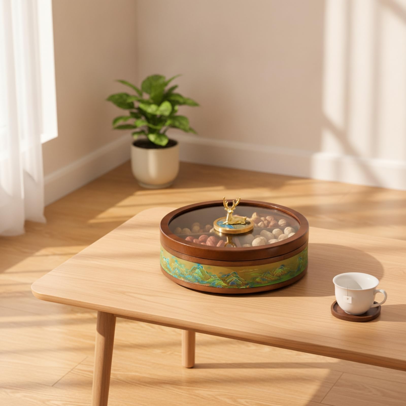Caja Nueces y Snacks con Tapa Vidrio Redondo Organizador con Compartimentos Compacto Banja Aperitivos Tapa para Invitados
