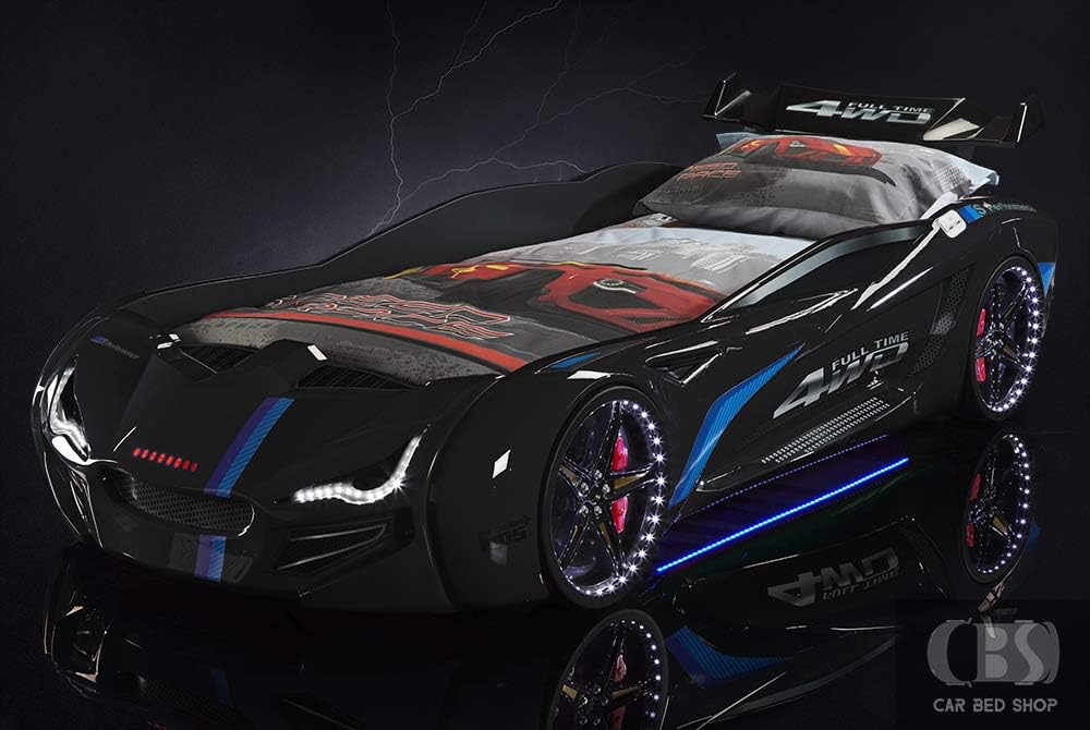 3ft Boys Black Flash GT Turbo Supercar Racer Bed With LED Lights, Sound And Bluetooth