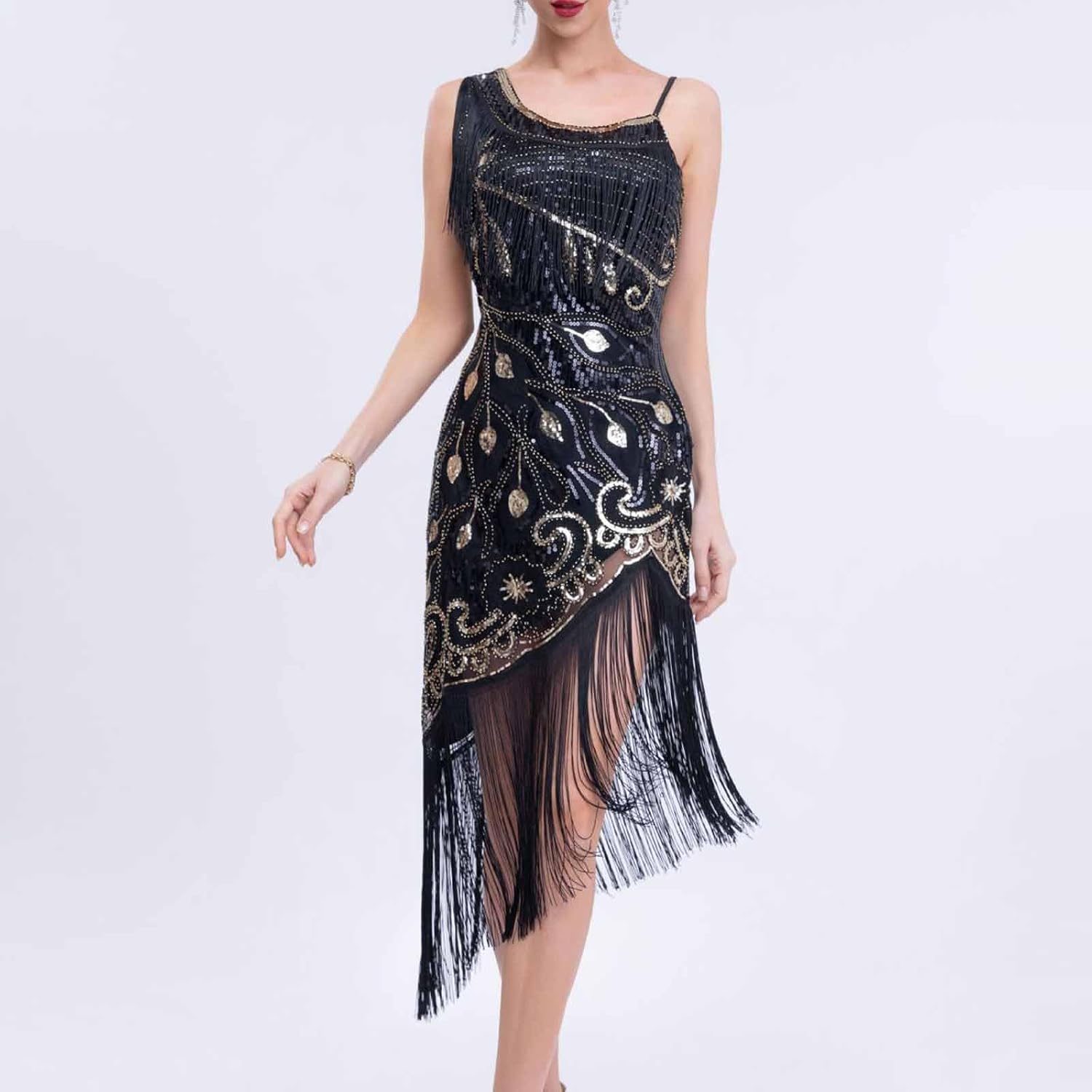 Women Vintage Sparkly Sequin Fringe Dress,Sleeveless Crew Neck Dress