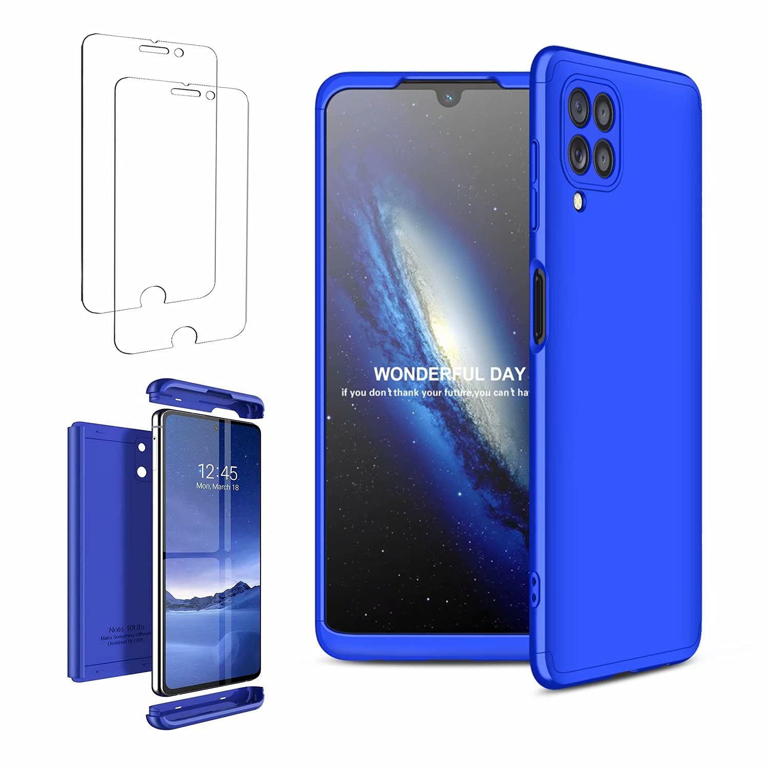 Ttianfa Case Cover for Xiaomi POCO M3 case【2】Tempered screen Protector,3 in 1 360°Protectiv Shockproof Durable Ultra Thin Silicone Matte Plating Anti-Scratch Bumper Dual Layer PC Case,Blue