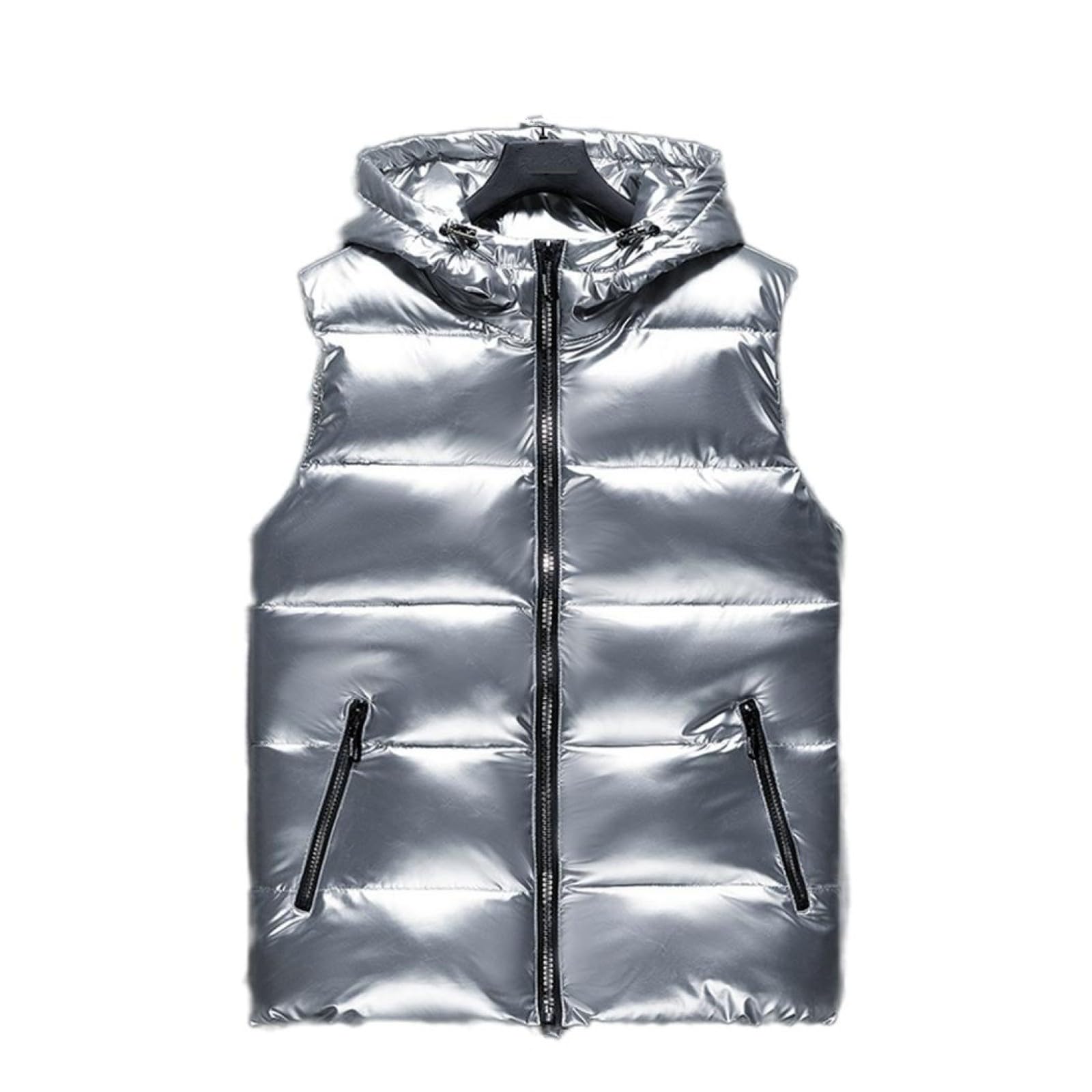Chaleco de plumas con capucha para mujer chaqueta plateada sin mangas de invierno para esqui 8