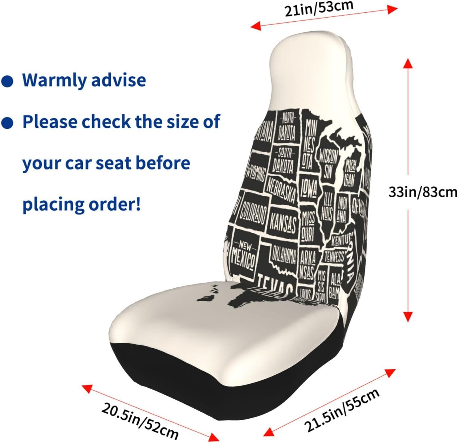 Poster Map of United States of America with State Names Car Seat Covers 2-Pack - Fit for Sedans, Trucks, Suvs, Automotive Seat Protectors with Reinforced Stitching