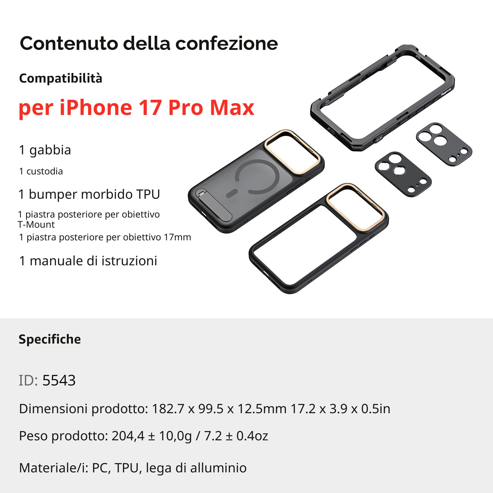 SMALLRIG Mobile Video Cage per iPhone 17 Pro Max, con custodia per telefono e piastra posteriore per obiettivo, rig video per telefono per videografia, registrazione di vlog, edizione di punta - 5543