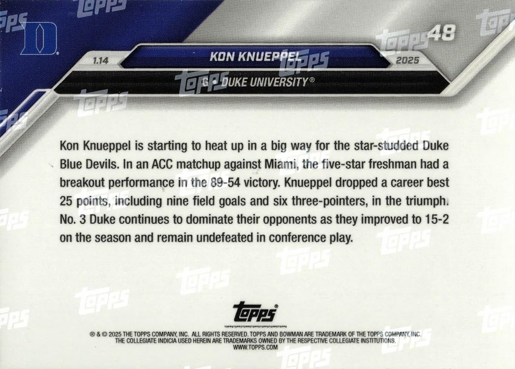 2024-25 Bowman U Now Basketball #48 Kon Knueppel Pre-Rookie Card Duke - Only 880 made!