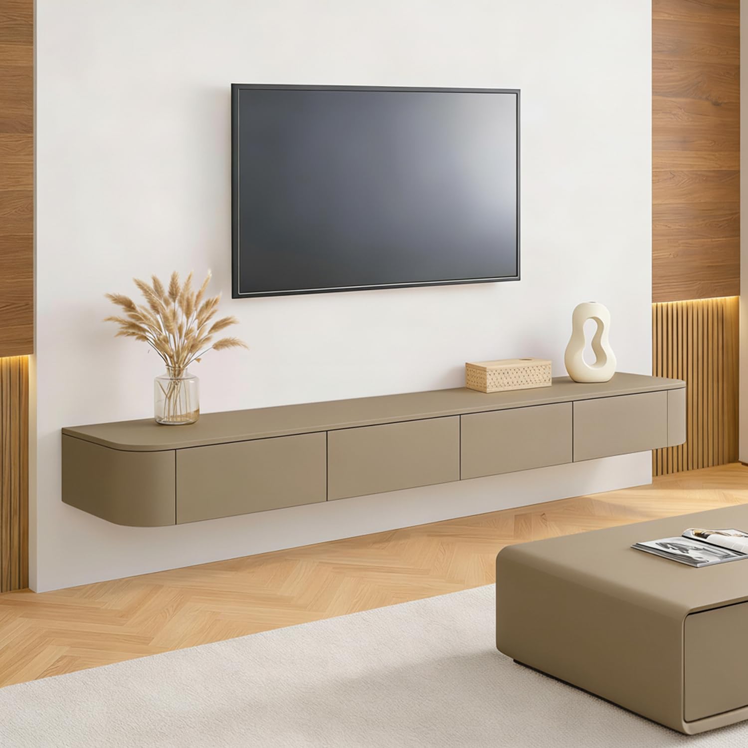Mobile TV Sospeso Moderna | Consolle Multimediale da Parete | Grande Mobile TV con Spazio di Archiviazione per Soggiorno e Ufficio (kaki, 220cm)
