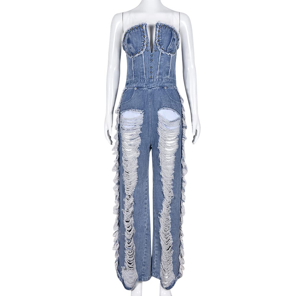 Femmes Jeans déchiré Strapless Denim Jumpsuit, 2023 Summer Ladies Off Shoulder Sexy Solid Color Classic Fit Personality Holiday Sets
