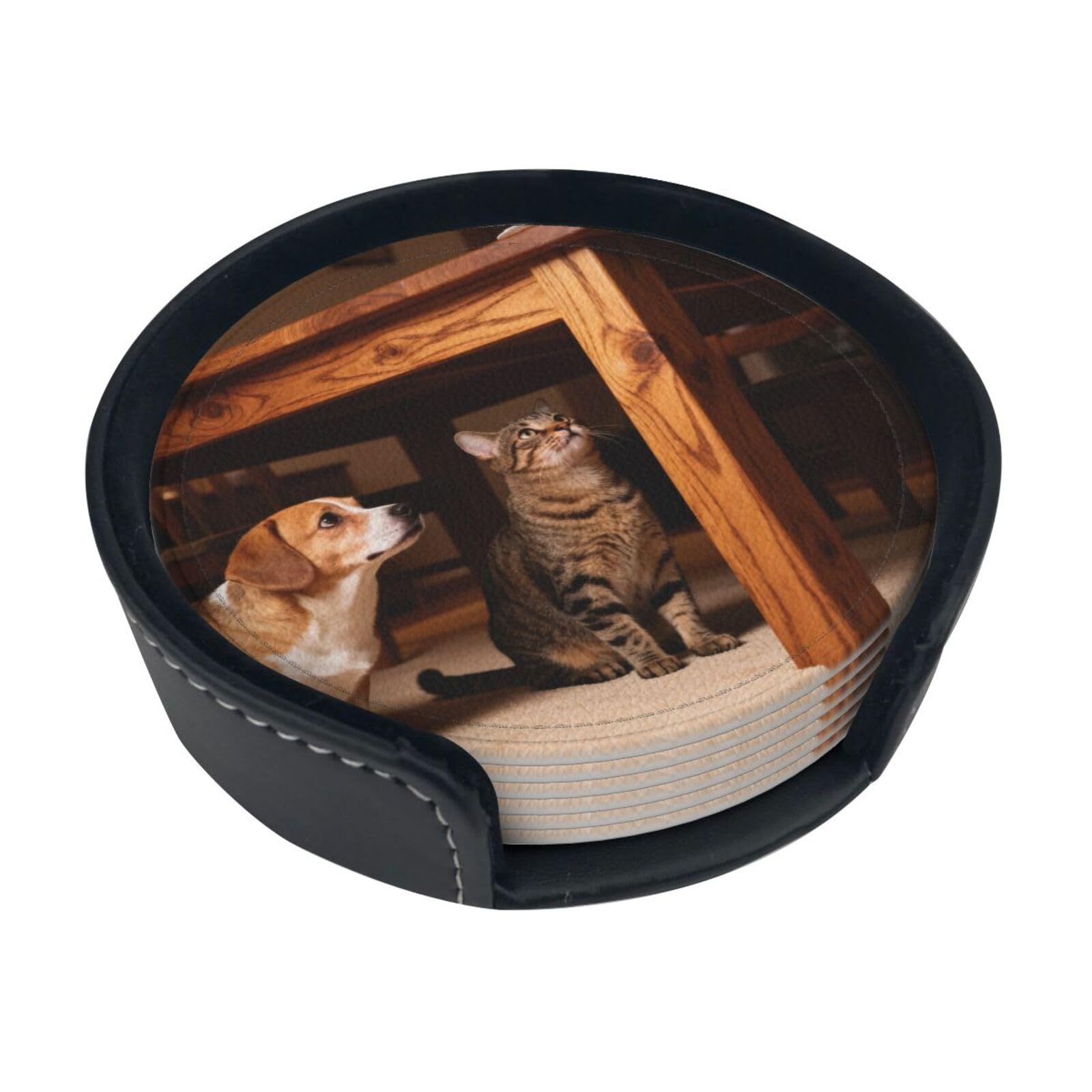 Cntdbu White Pets Under Table Leather Coasters Set Of 6-Pu Leather Drink Mats For Table, Heat Resistant Round Coasters With Holder