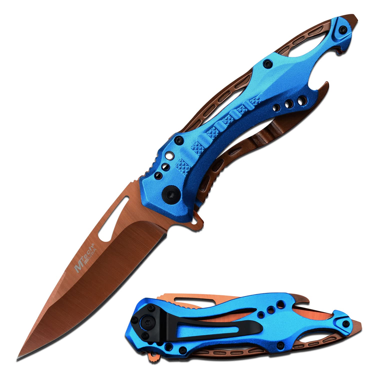 MTECH USA Folding Knife, 3.75-Inch Half-Serrated Blade, Titanium Coating, Glass Breaker, Pocket Clip