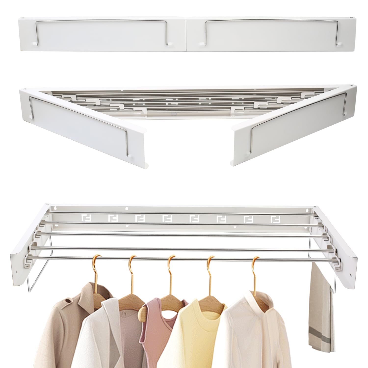 Wäscheständer Wandmontage, 80cm Ausziebar Wandtrockner mit Zwei Zuglaschen, Edelstahl Wand Klappbar Wäschetrockner, Platzsparender Wandmontiert Wäscheleine für Indoor & Outdoor Balkon, Weiß