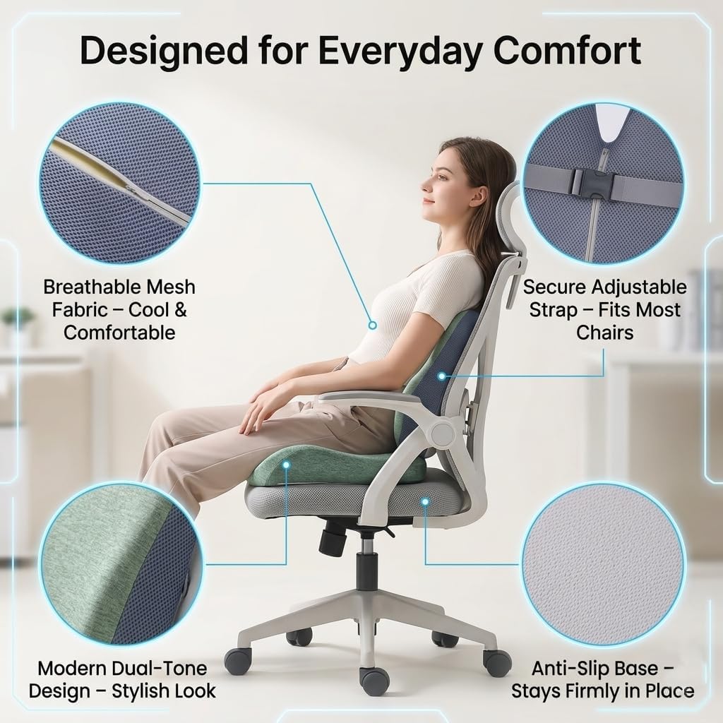 Seat Cushion Lumbar Support Pillow Set with Adjustable Strap