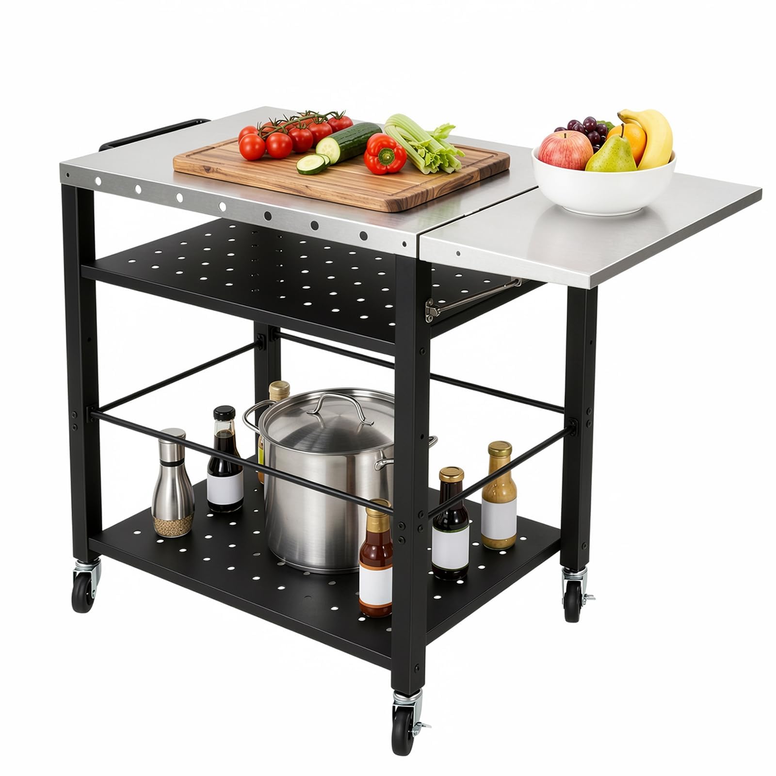 Grillwagen Edelstahl Grilltisch Outdoor Servierwagen mit 4 Ablagen und Rollen, BBQ Küchenwagen Grill Beistelltisch Garten Trolley mit Griff für Camping, Terrasse, Balkon und Küche