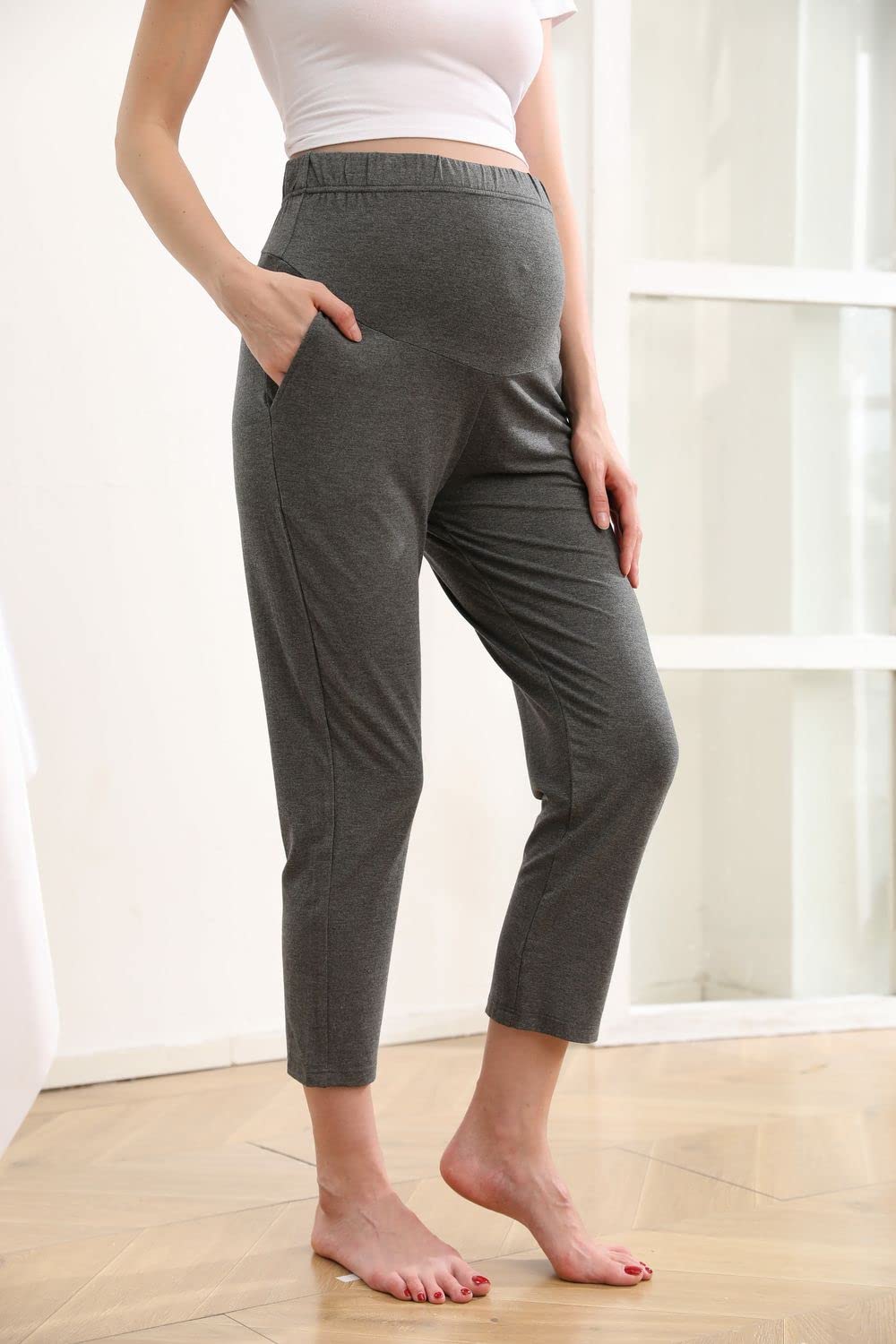 Pantalones de maternidad para embarazo, pantalones elásticos sobre el vientre, ropa deportiva para maternidad, pantalones deportivos con bolsillos