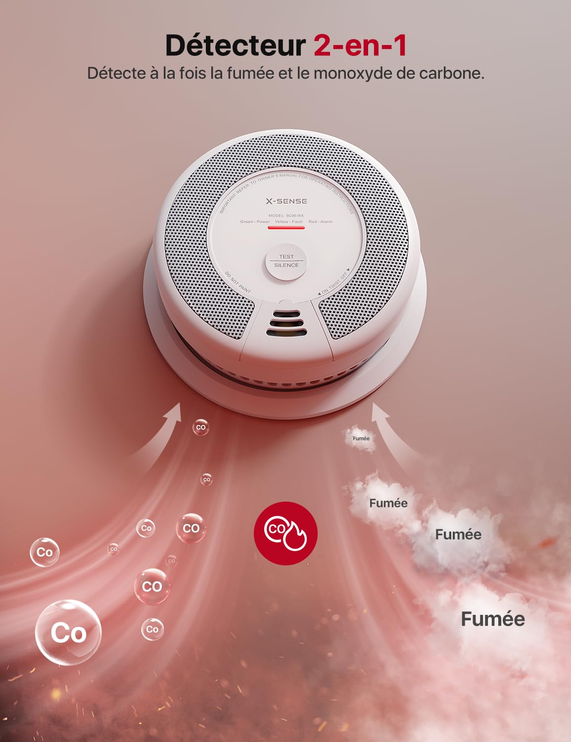 X-Sense Wi-FI Détecteur de Fumée et de Monoxyde de Carbone Connecté avec Pile remplaçable, Détecteur Combiné Intelligent Compatible avec l’Application X-Sense Home Security, SC06-WX, Lot de 1