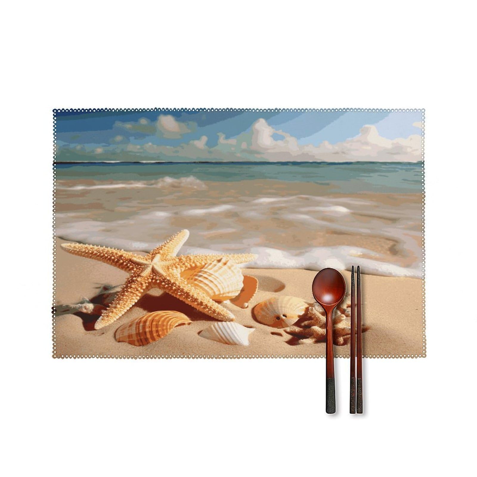 Seashells Starfish on Beach Placemats Set of 4 Canvas Place Mats Non-Slip Heat Resistant Table Mats Washable Waterproof Placemat Wipeable Tablemats for Kitchen Dining Decor Place Mat