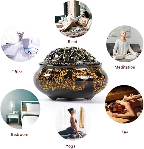 Miniatura 4 de Quemador de incienso con soporte para varillas de incienso Calabash, cenicero de carbón de porcelana para uso con cono de polvo granular de resina o