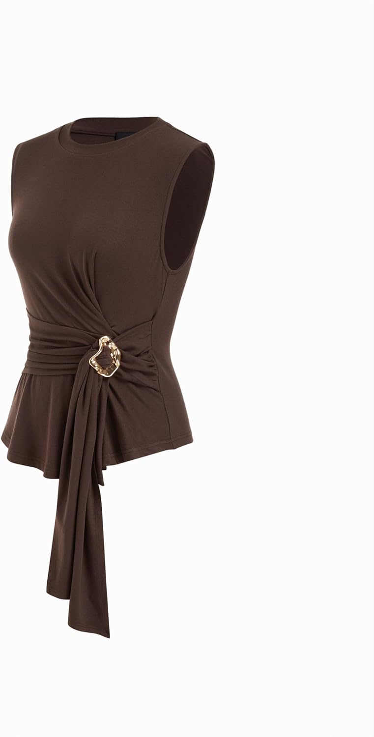 CIDER Women's Tank Tops Sleeveless Tank Top Ruched Waist Gold Buckle Tunic Shirt Casual Fashion Summer Blouse - Image 3