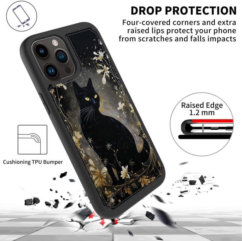 Miniatura 7 de FUYOCWE Funda para Motorola Moto G Stylus 5G 2023 con tarjetero, diseño de gato negro con diseño floral dorado de piel sintética con ranura para