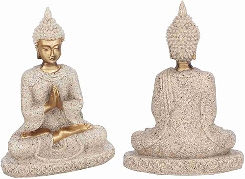Miniatura 7 de Hilitand Estatua de Buda meditando sentado decoración del hogar adorno tallado figura artesanía arenisca (A dorado)