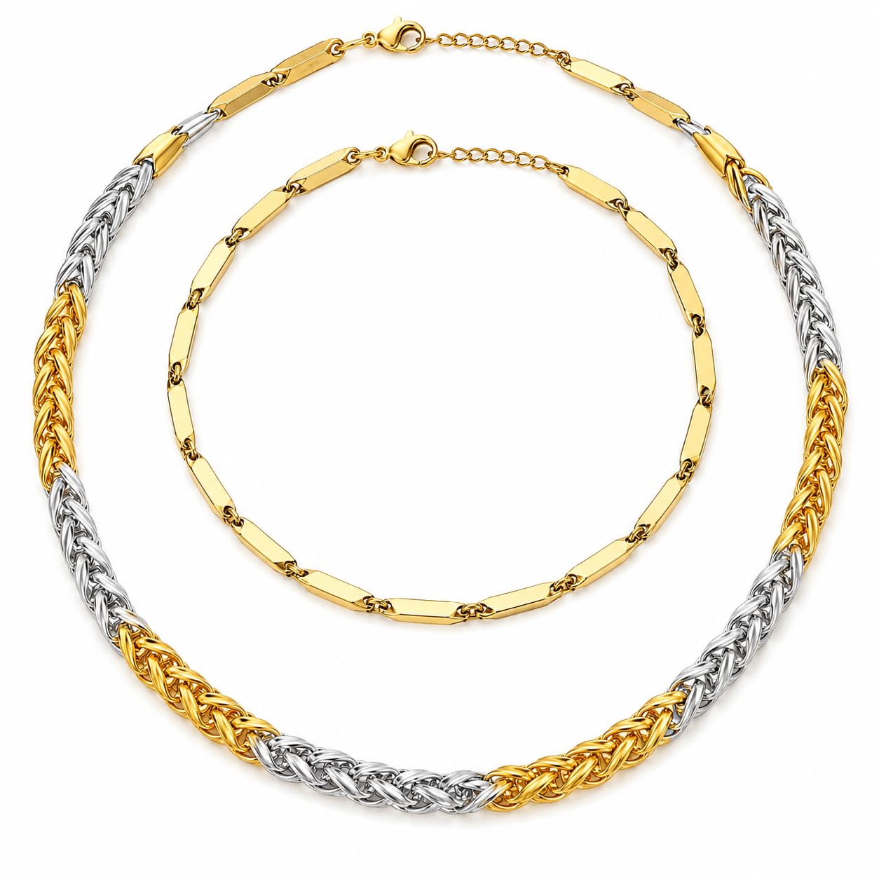 Wheat Link Rope Chain and Gold-Plated Classic Design Nacklace Chain Combo Pack Silver and Gold Stainless Steel Chain for Men and Women-image-32