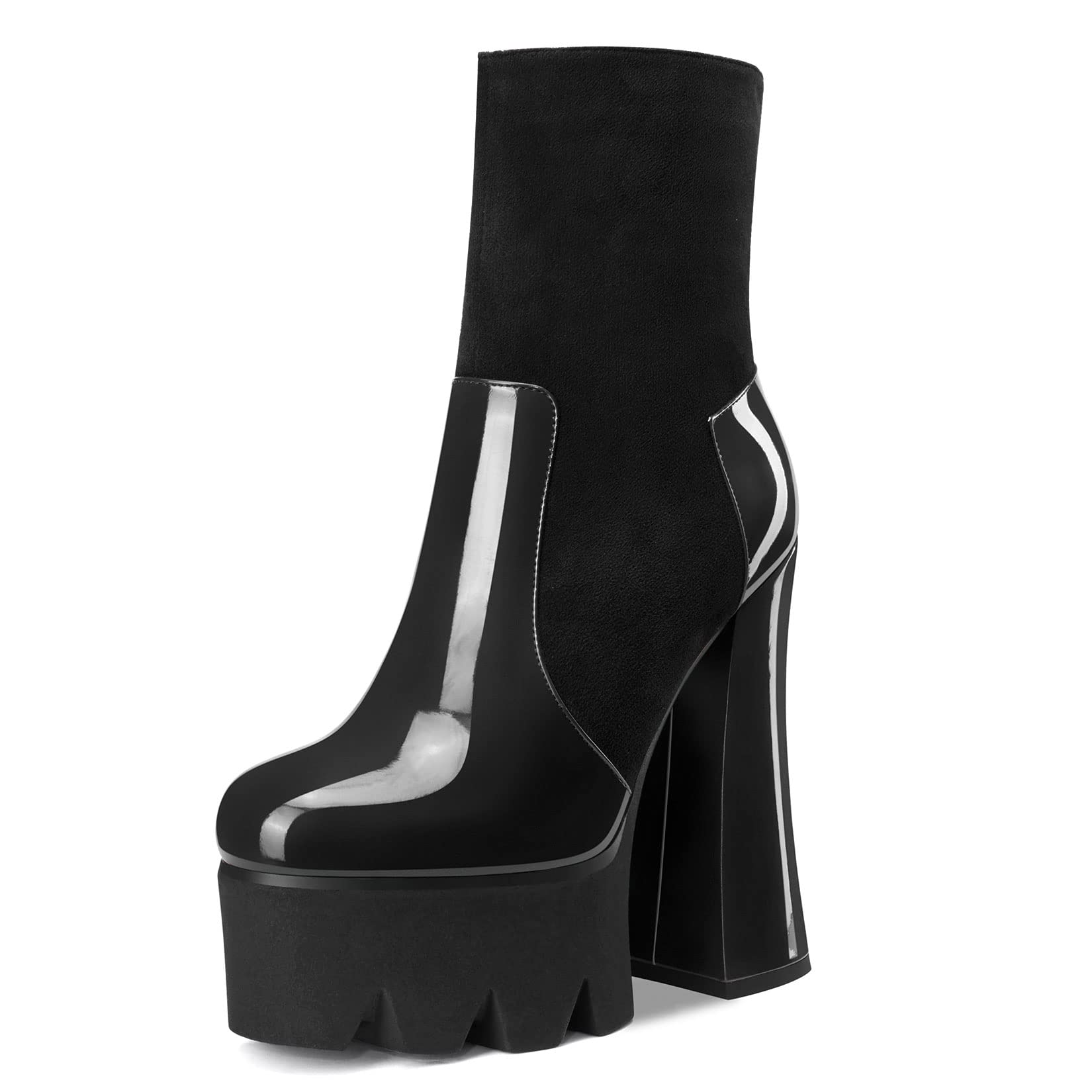 Aachcol Women Platform Ankle Boots Short Bootie Close Round Toe Chunky Block High Heel Dress Shoes Patent Suede