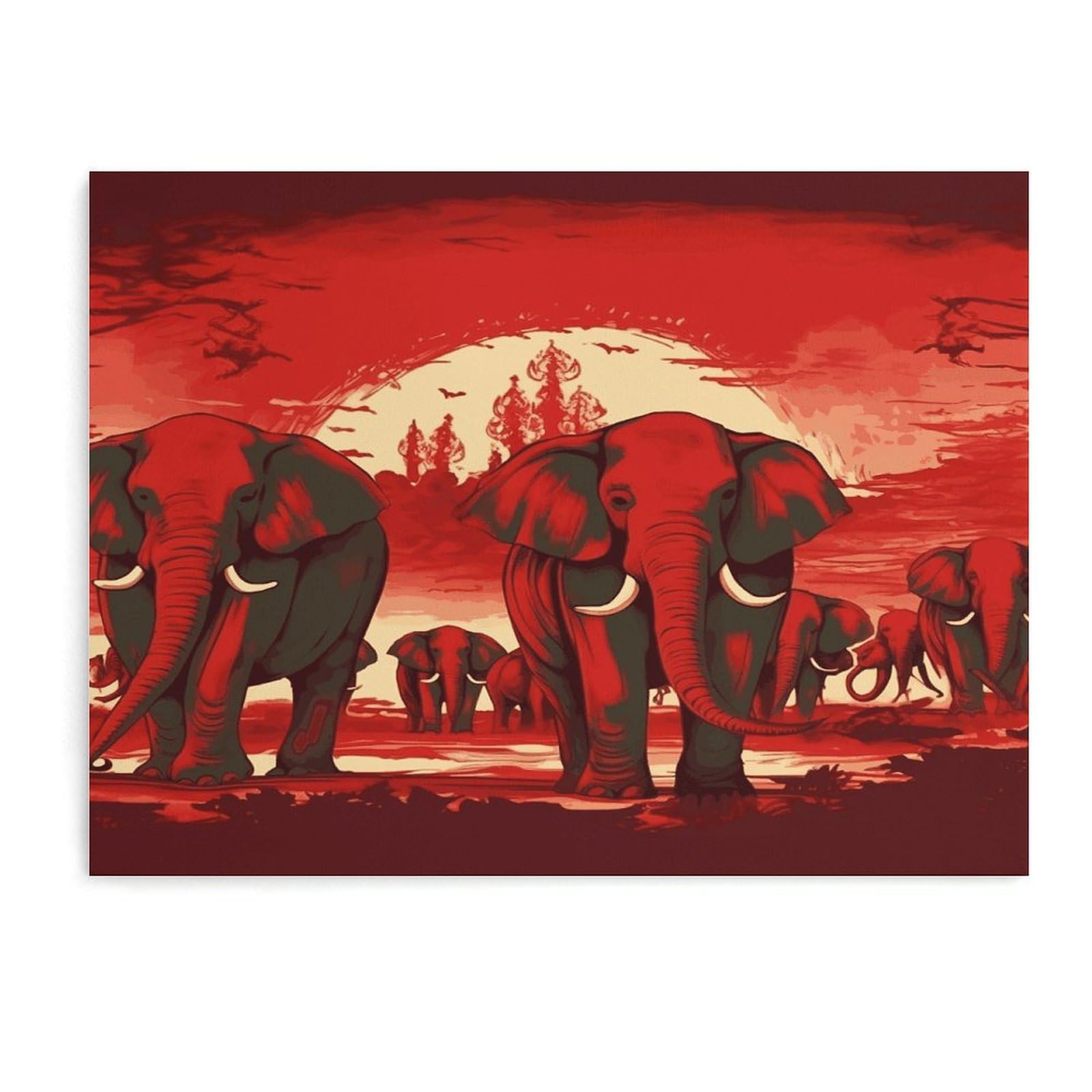 Fodpand Unframe-Style Elephants Red Bathroom Wall Art Canvas Prints, Artwork For Walls For Living Room Hallway Stair Office Wall Decor, Pictures Home Decor 15.7X11.8 Inch