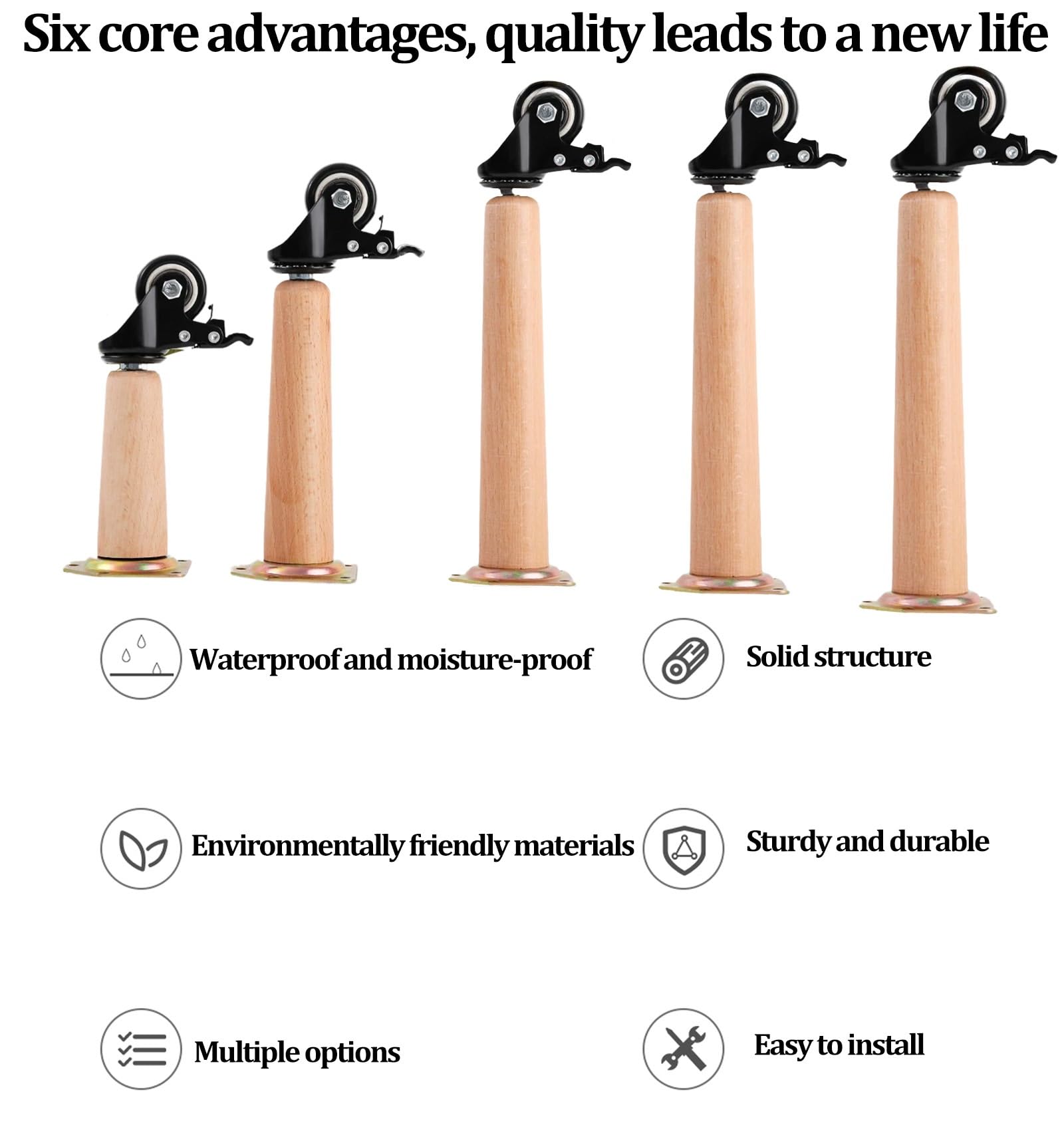 4 Gambe per mobili in Legno con Ruote universali, Piedini Conici per divani, armadi, tavolini e divani - Altezza Regolabile 50+6,2 cm, Ideale per l'arredamento della casa.