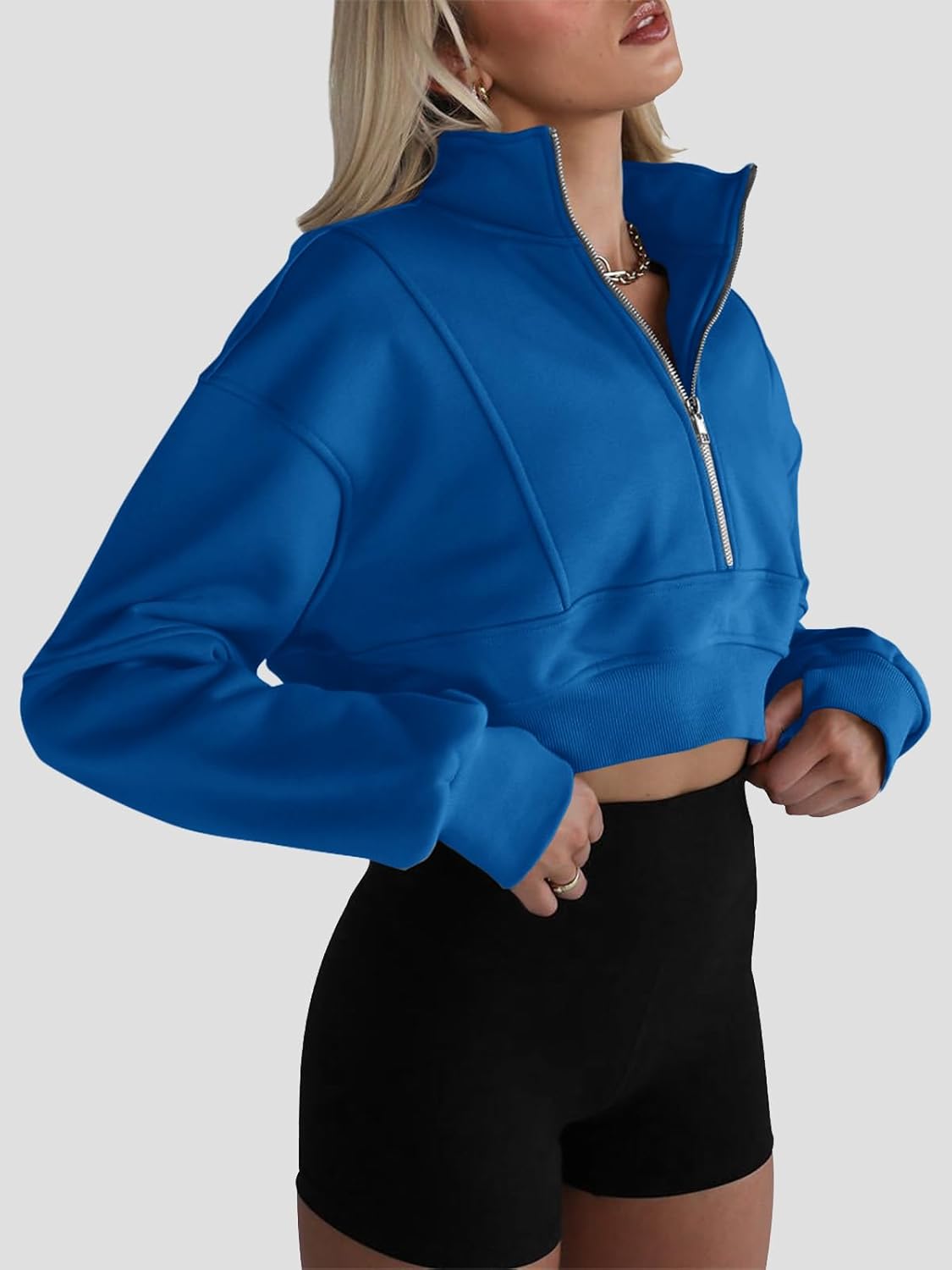 Fisoew Women's Half Zipper Cropped Sweatshirts Casual Long Sleeve Tops With Thumb Hole - Image 3