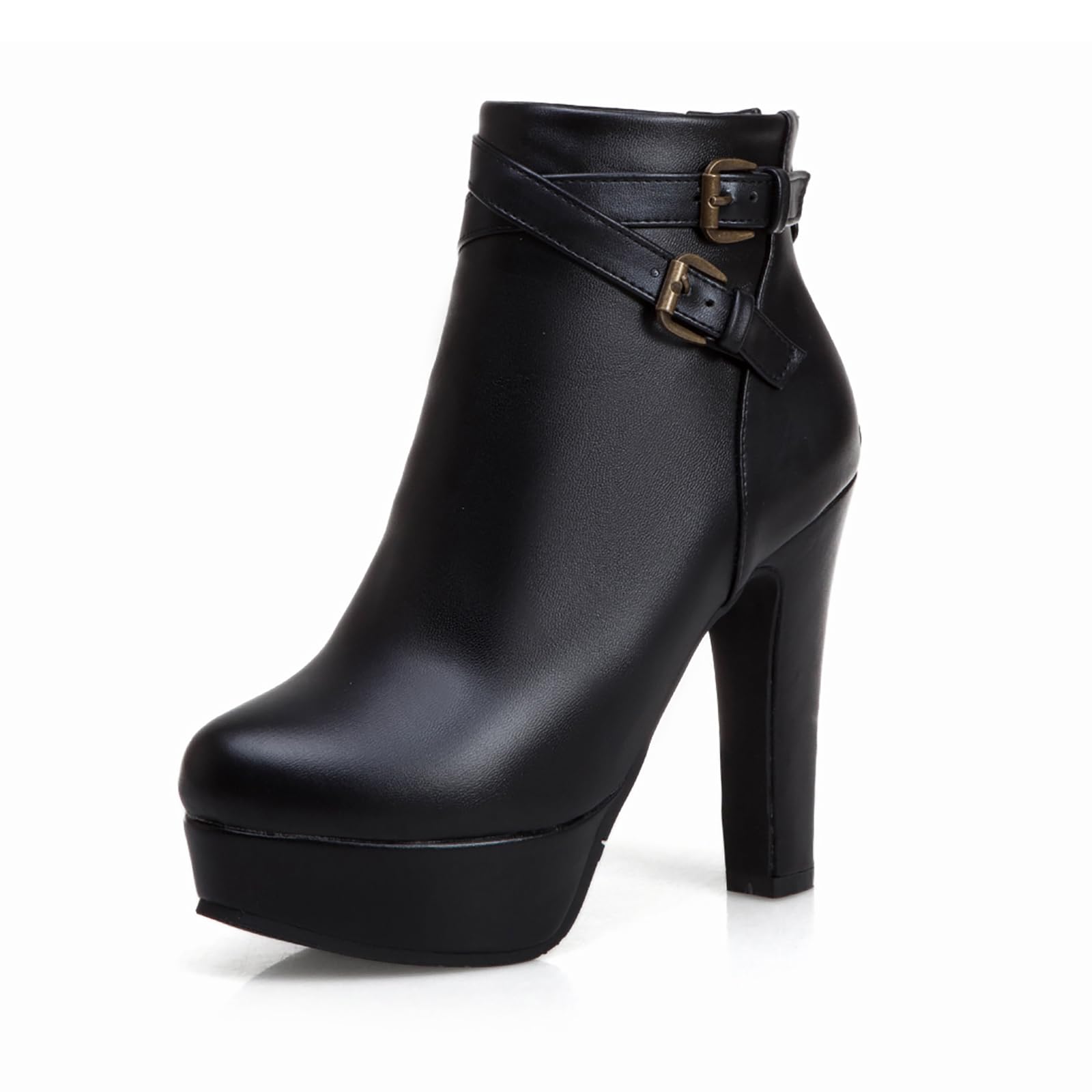 ForeMode Womens Goth Leather Block Heel Ankle Boots Fashion Studded Ankle Strap Trim Punk Boots