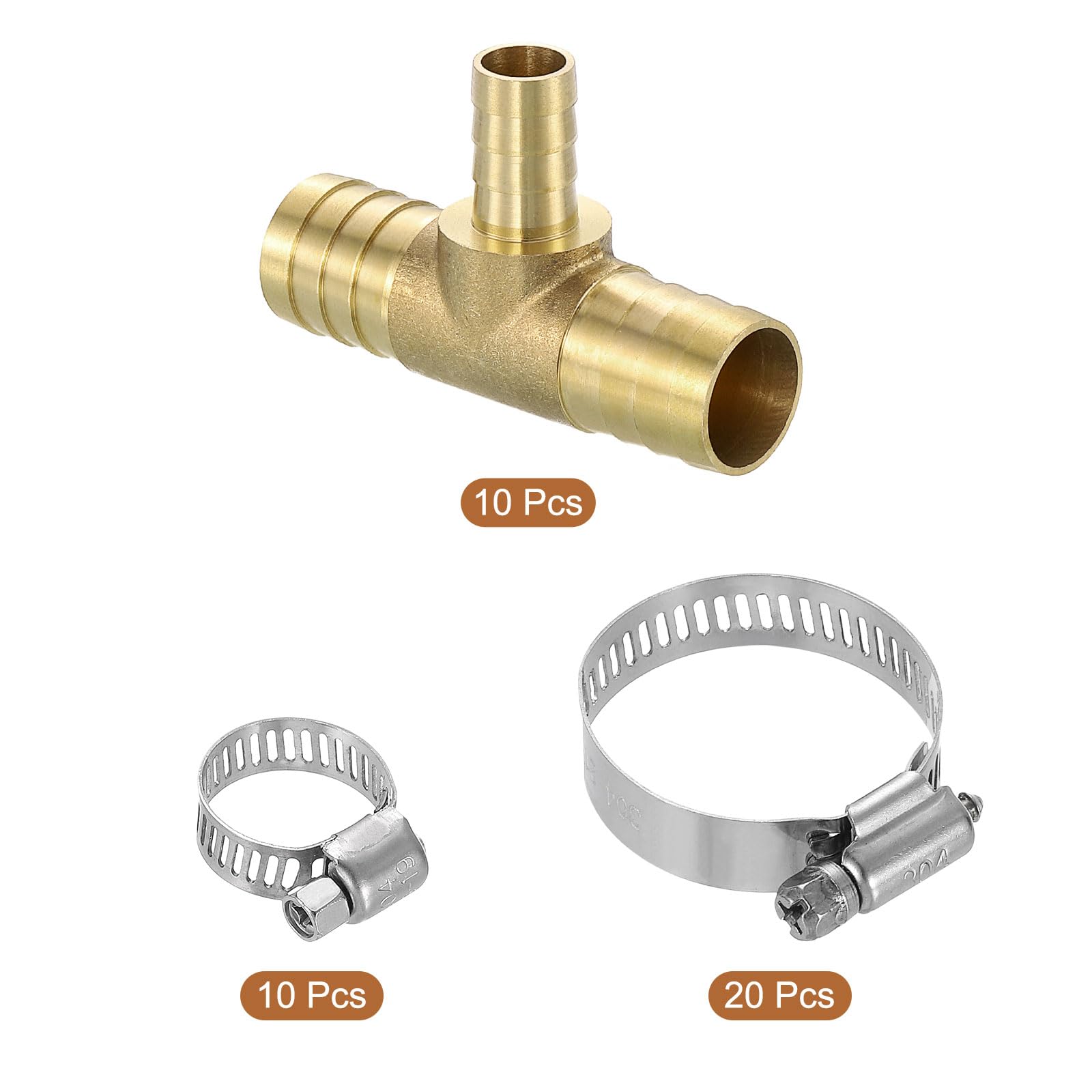 QUARKZMAN 10pz Raccordi Tubo in Ottone 3/4" x 1/2" x 3/4" con 30pz Morsetti | Riduttore Tubo Raccordo Ottone a T con 30pz Morsetti Tubi per Acqua Carburante Aria