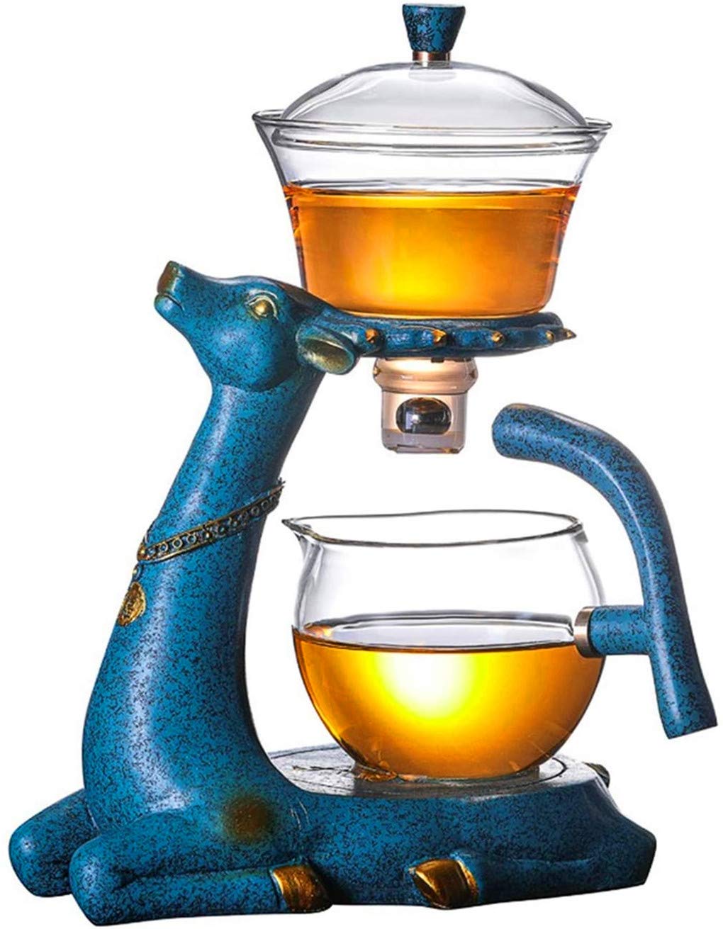 Aoheuo Kungfu Service à thé en verre avec chauffage, couvercle rotatif, bol et théière en verre semi-automatique (bleu - sans tasse)