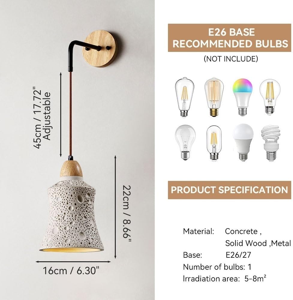 Nordic Japandi Wall Sconce, Concrete Bell Shape Industrial Wall Lights,Gray Cement Wall Lamp,E27 Adjustable Indoor Wall Mounted Light Fixture for Bedroom Living Room Hallway Restaurant Parlor