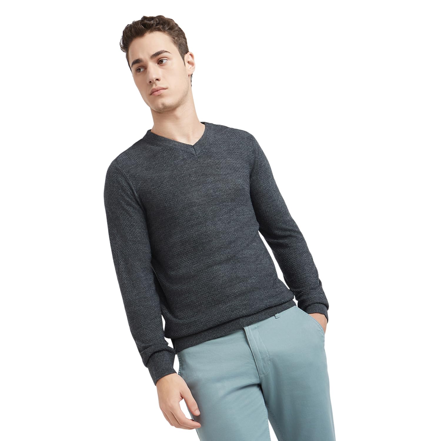 parx Men's Regular Fit Pure Acrylic Structure Pattern Rib Collar V Neck Full Sleeve Dark Grey Casual Sweater-picture-37