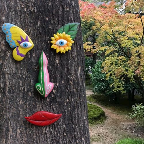 Décor de visages d'arbre en résine imperméable et art coloré de jardin facile à installer