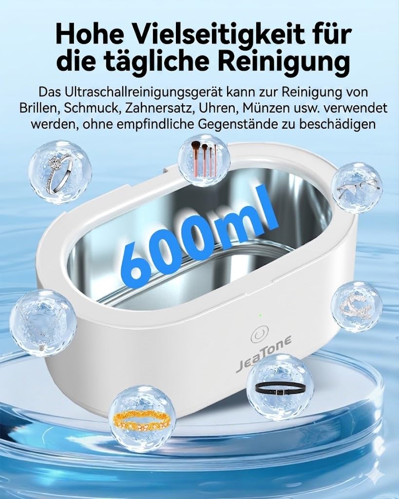Jeatone Ultraschallreinigungsgerät Brille,Ultraschallreiniger 600ml 46KHz,Ultraschallgerät Ultrasonic Cleaner für Brillen Schmuck Uhren Zahnschiene Zahnprothesen Kontaktlinsen Glasses Jewelry Aligner