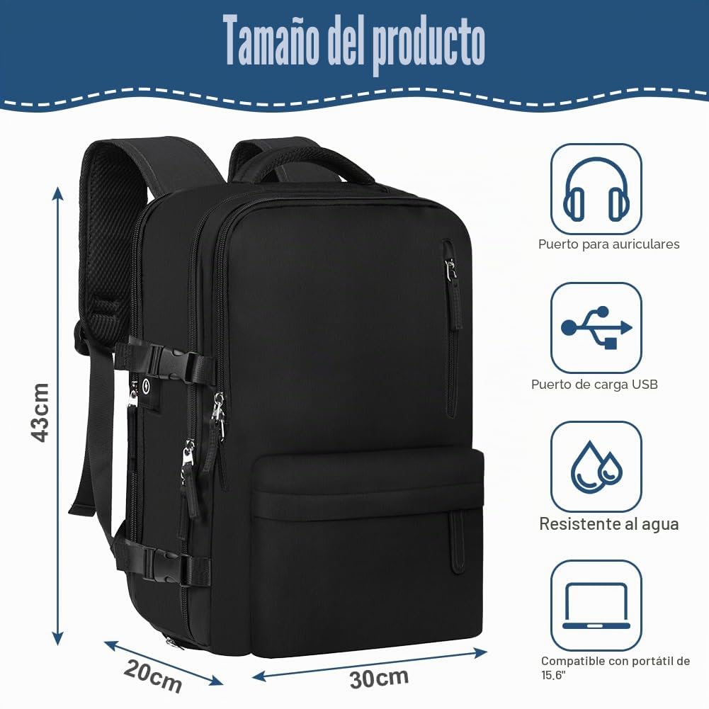 flintronic Mochila de Viaje Cabina Avion, 43x30x20 cm, Bolsa de Viaje Equipaje de Mano 35L, Mochila Unisex Impermeable con Puerto USB y Compartimento para Zapatos, para Portátil de 15,6 Pulgadas