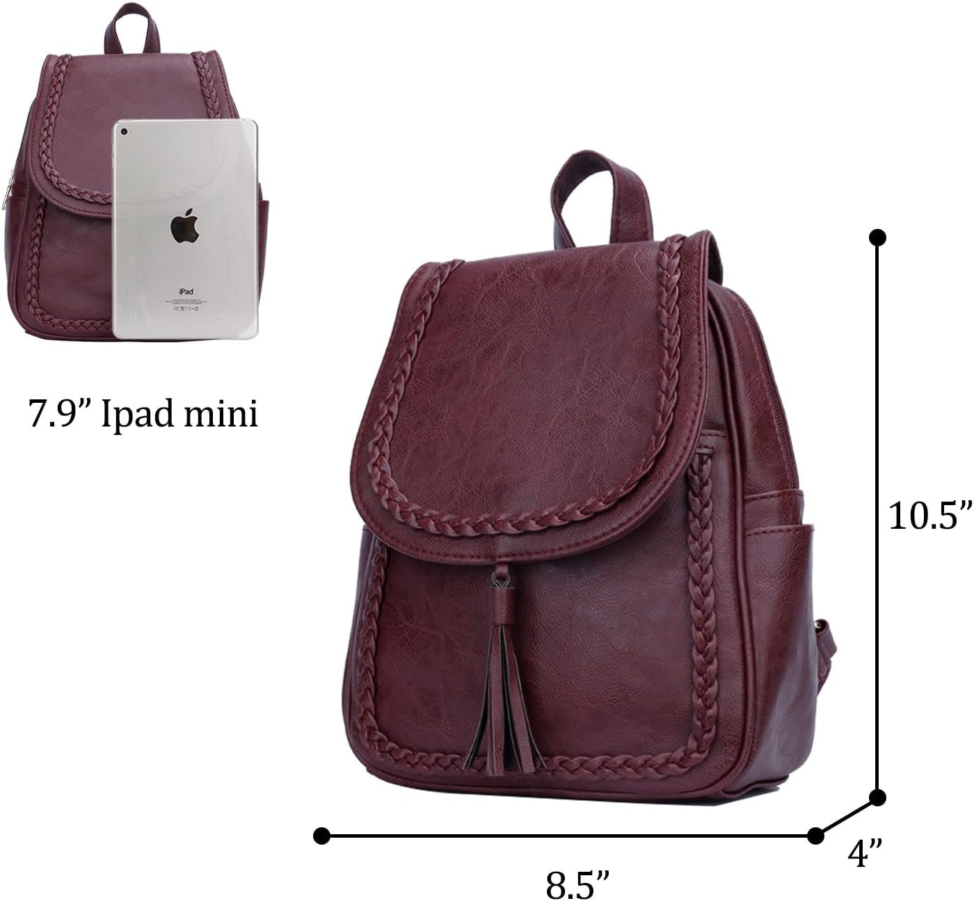 KKXIU Fashion Small Synthetic Leather Backpack Purse For Women and Ladies with Tassel (Wine) - Image 4