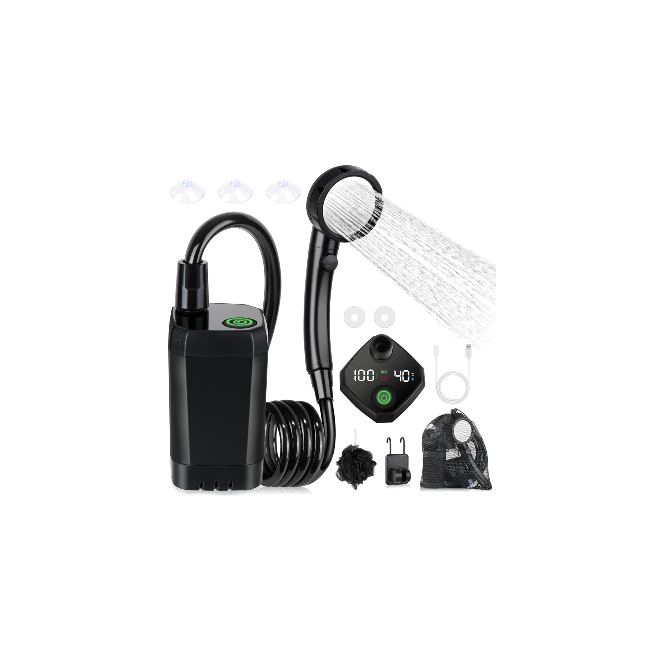 Portable Shower for Camping, 6000mAh Rechargeable Camping Shower Pump with Intelligent LED Display, 4 Spray Modes, IPX7 Waterproof Outdoor Shower Kit for Hiking, Travel, Car, Pet