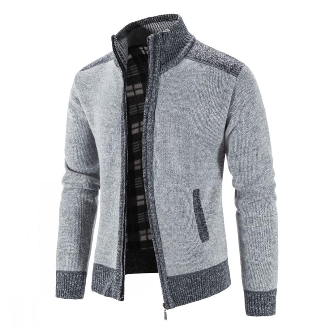 Vogrtcc Chaqueta de suéter de los hombres Abrigo de remiendo de moda Chaqueta de suéter de punto Slim Fit cuello alto grueso Cardigan abrigos hombres