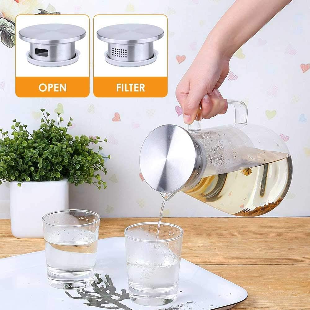 Large Heat Resistant Glass Pitcher with Stainless Steel Lid, Water Carafe with Handle, Good Beverage Pitcher for Homemade Juice and Iced Tea, 1800ml/61oz
