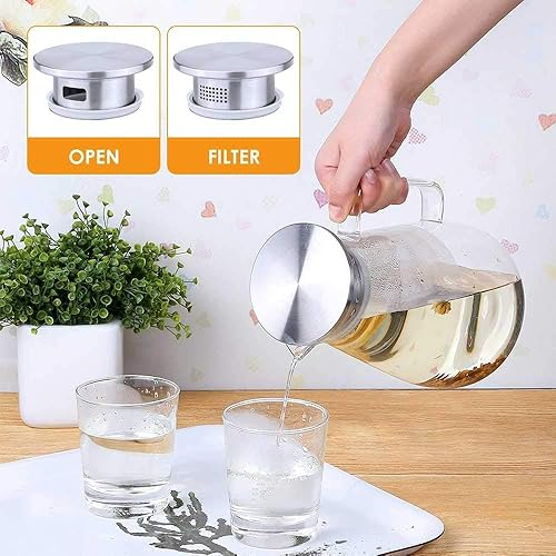 Miniatura 6 de Hwagui - Jarra grande de vidrio resistente al calor con tapa de acero inoxidable, jarra de agua con asa, buena jarra de bebidas para jugo casero y