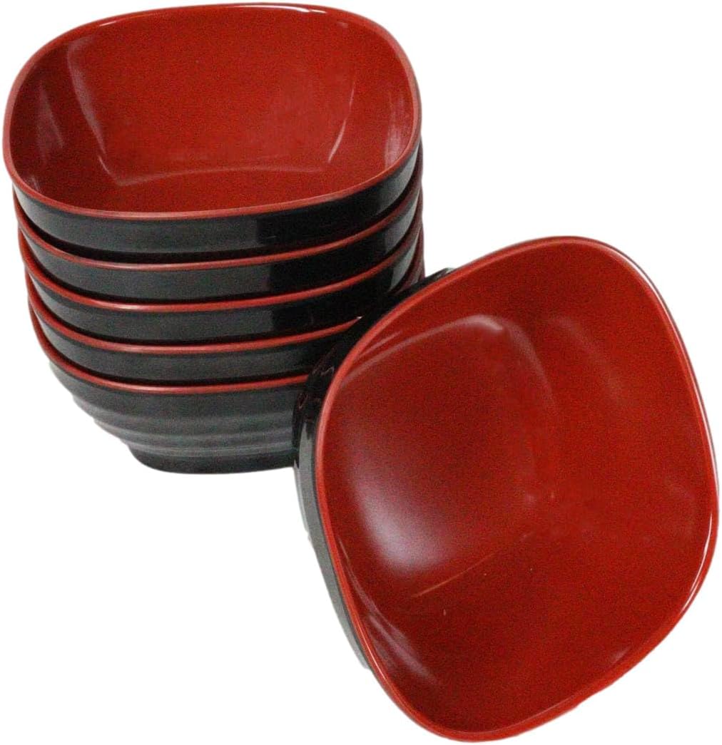 Ebros Gift Contemporary Traditional Red Black Melamine Series Dinnerware Kitchenware Set Asian Japanese Chinese Restaurant Supply (Pack Of 6 Small Soup Salad Rice Bowls With Handle 5"L)