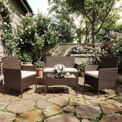 4-Piece Patio Furniture Set, Outdoor Wicker Conversation Set with Tempered Glass Coffee Table, Heavy Duty PE Rattan Sectional Sofa & Washable Cushions