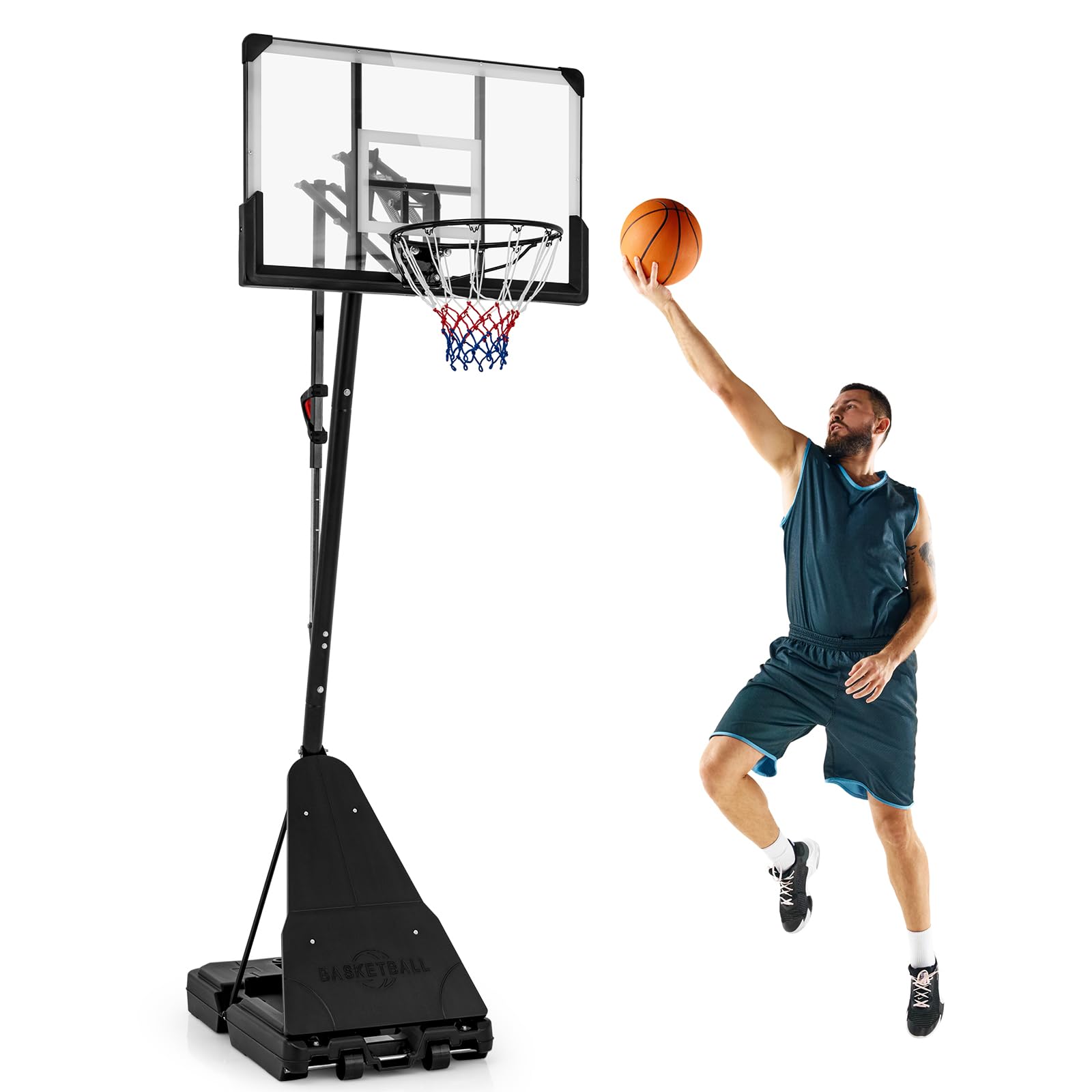 COSTWAY Adjustable Basketball Hoop, 4.9-10 FT Goal With 44 Inch Shatterproof Backboard, Rebounder and Wheels, Portable Stand System for Kids Teens Adults