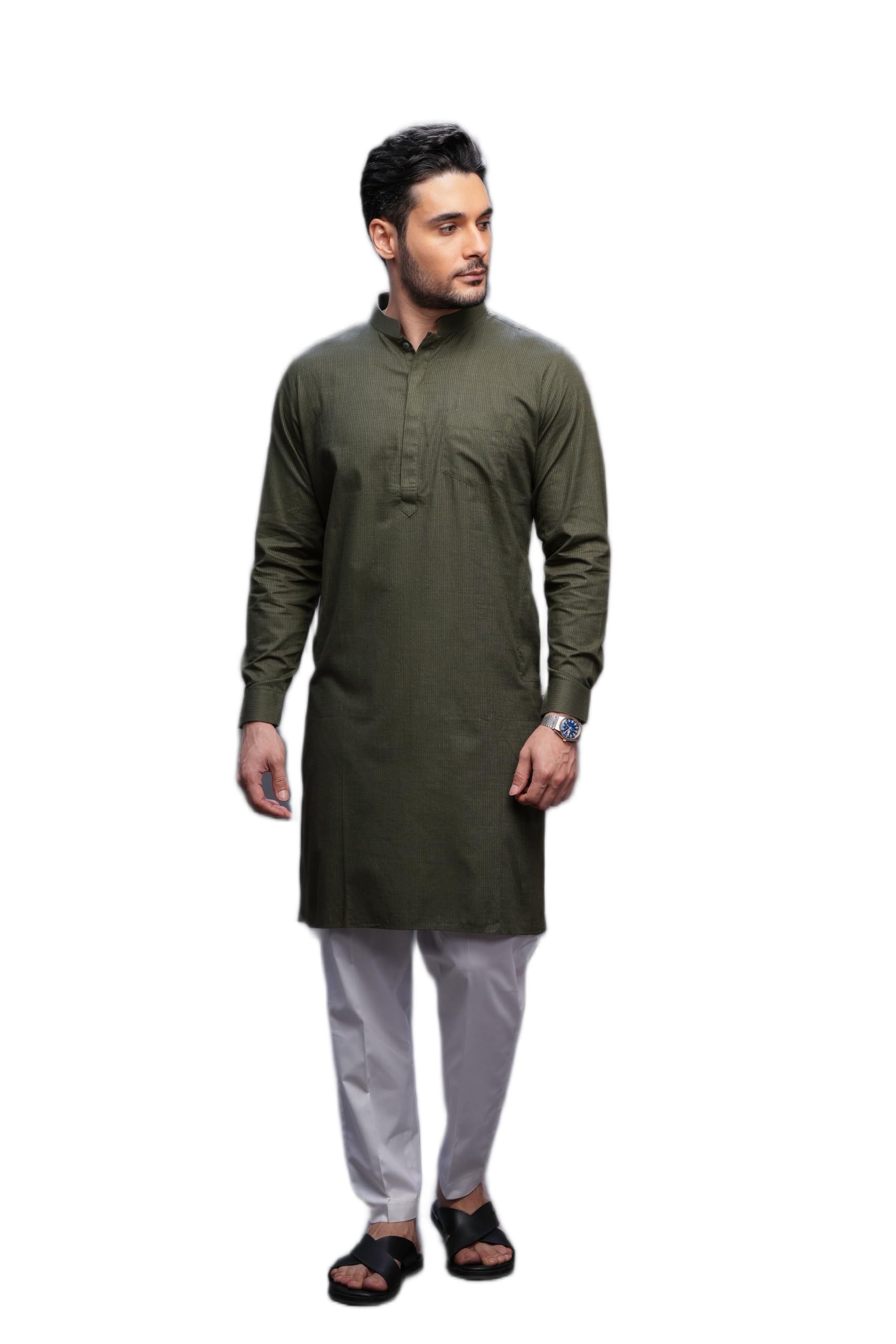 mashroo Men Kurta Pajama Set Green S Cotton Stripe with Mandarin Neck for Festive and Ethnic Wear-picture-42