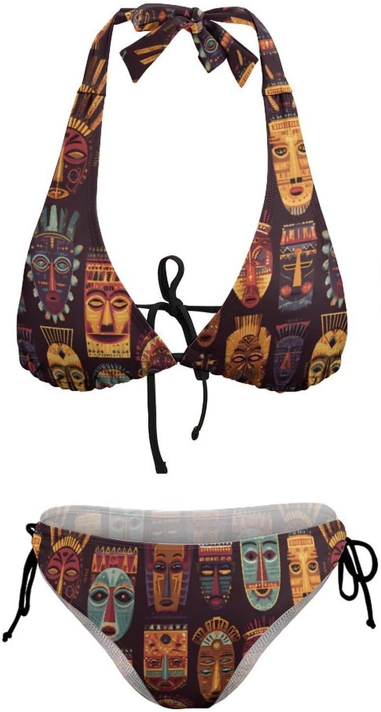 African Masks Pattern Novelty Women's 2 Piece String Bikini Set Swimsuits Bathing Suit Swimwear