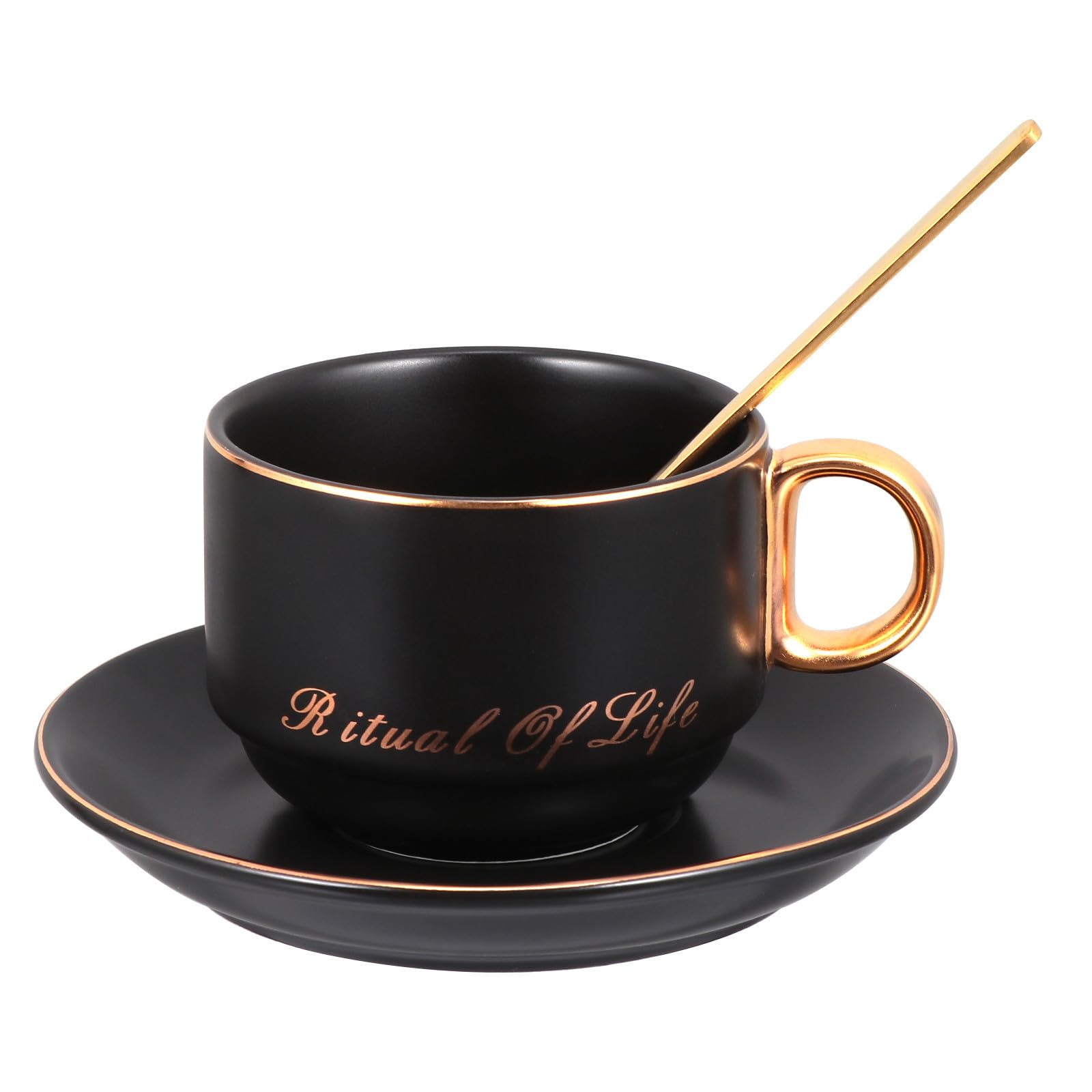Taza de café de cerámica negra 220ml juego completo con platillo y cuchara para cocina